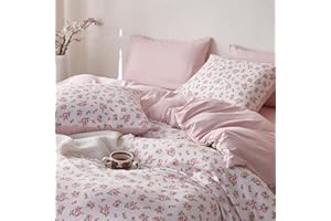 Wake In Cloud - Coquette Duvet Cover Set, Floral Cottagecore Flower Shabby Chic Cute Aesthetic, Soft Lightweight Bedding for Women Teen Girls, 3-Piece, Pink, Queen Size