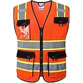 JKSafety Hi Vis Reflective Safety Vests for Men Women High Visibility Vest with Pockets Mesh Fabric Construction Safety Apparel Neon Vest for Work (220-Orange L)