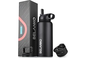 Water Bottle, BELANKO 32 Oz Insulated Stainless Steel Water Bottle with Straw and 3 Lids, Leak-Proof Double-Wall Vacuum for Cold Water Drinks, Sports, Travel, School, and Car - Jet Black