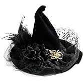 Witch Hat Hair Clip for Women, Vintage Halloween Hair Clips | Black Flower Lace Witch Hat Clip, Feather Golden Spider Top Hat Hair Accessories for Halloween Party Costume Accessory