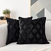 Volcanics Pack of 2 Faux Wool Throw Pillow Covers 20x20 Inches Decorative Farmhouse Velvet Couch Pillow Case Soft Plush Square Boho Cushion Pillowcase, Black