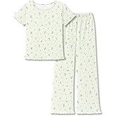 Beezizac Girls Pointelle Knit Lettuce Trim Pajama-Cute Floral/Cherry/Bow Tee & Flared Wide-Leg Pants 2-pc PJs Sizes 6-18