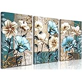 3 pcs Lotus Canvas Wall Art Beige and Blue Flowers Painting Picture Wall Decor Rustic Farmhouse Flower Botanical Poster Prints for Living Room Dining Room Bedroom Bathroom Home decoration