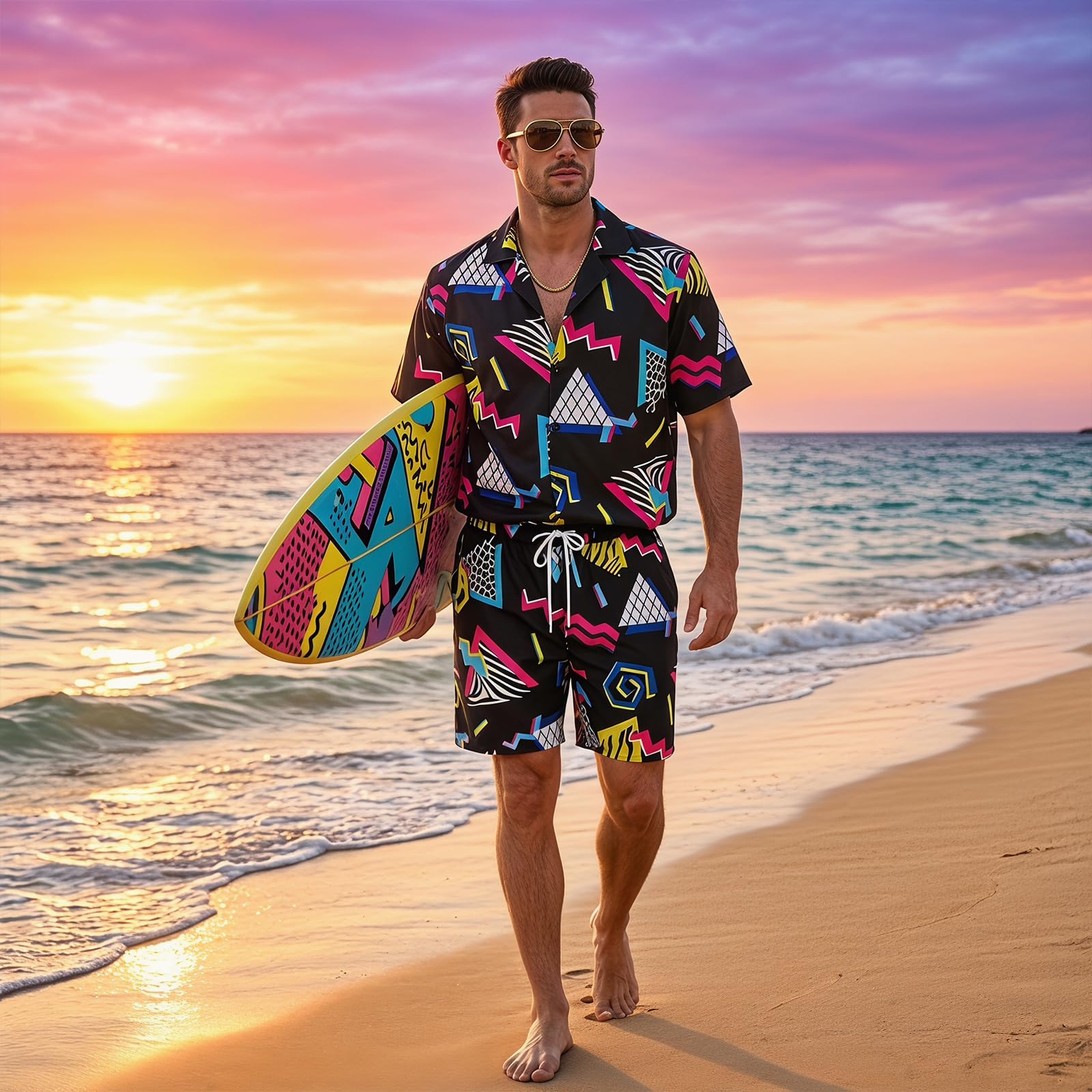 LYBOHO 80er 90er Jahre Outfit Herren,80er 90er Jahre Kostüm-Kurzarmjacke & Shorts-Set – für Halloween Karneval & Retro-Partys (Schwarz-Knopf, L) 4