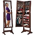 Best Choice Products Freestanding Jewelry Armoire Cabinet, Full Length Standing Mirror, Lockable Makeup Storage Organizer, w/Velvet Lining, 3 Angles, Lock, Accessory Pouch, 5 Shelves - Walnut