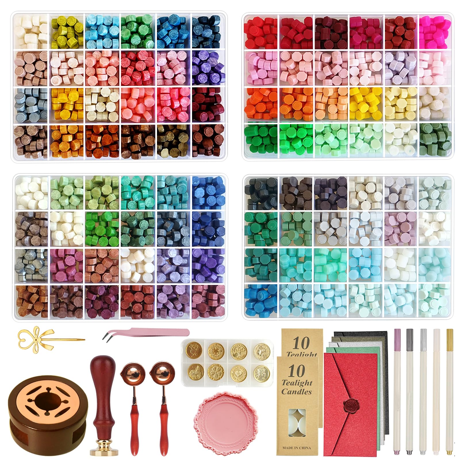 96 Colors Wax Seal Stamp Kit,2400 Pcs Sealing Beads,All in one Wax Seal Kit with Seal Stamps,Warmer, Envelopes,Spoon,Candles,Metallic Pen for Letter Invitation Sealing