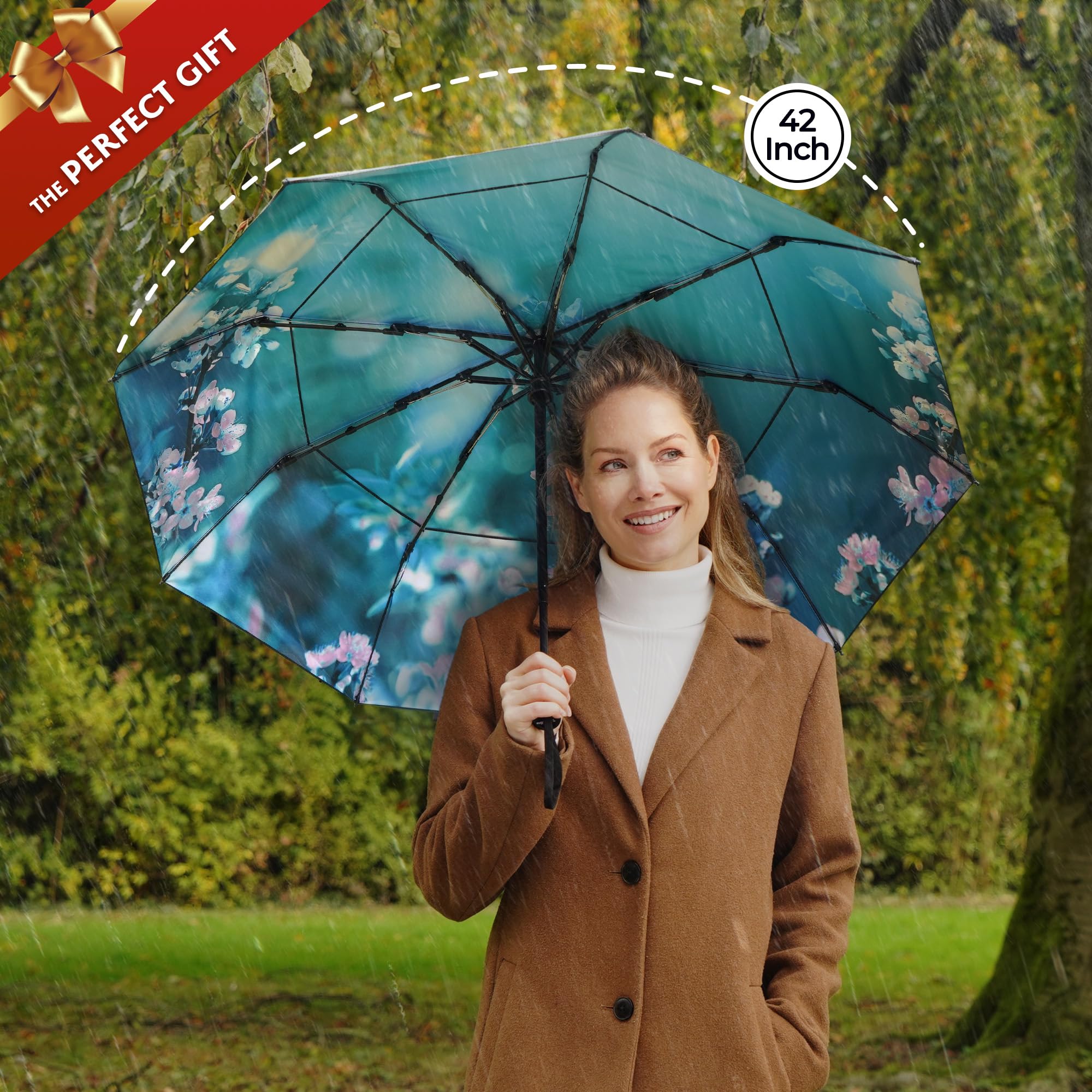 TUMELLA Strongest Windproof Travel Umbrella (Compact, Superior & Beautiful), Small Strong but Light Portable and Automatic Folding Rain Umbrella, Durable Premium Grip, Fits Car & Backpack