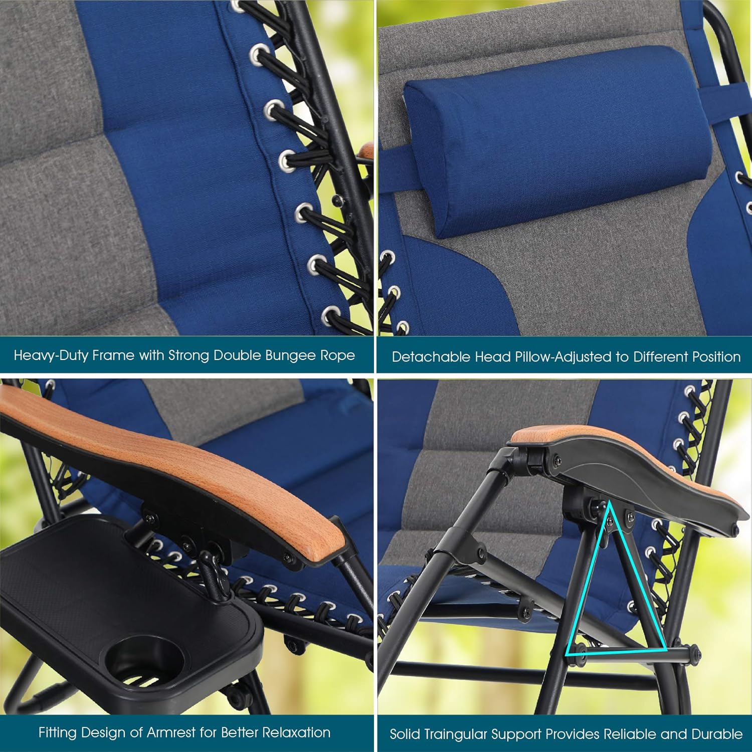 MFSTUDIO Oversized Zero Gravity Chair XL Patio Recliners Padded Folding Chair with Cup Holder, Extra Wide Chaise Lounge for Outdoor Yard Poolside, Navy Blue: Kitchen & Dining