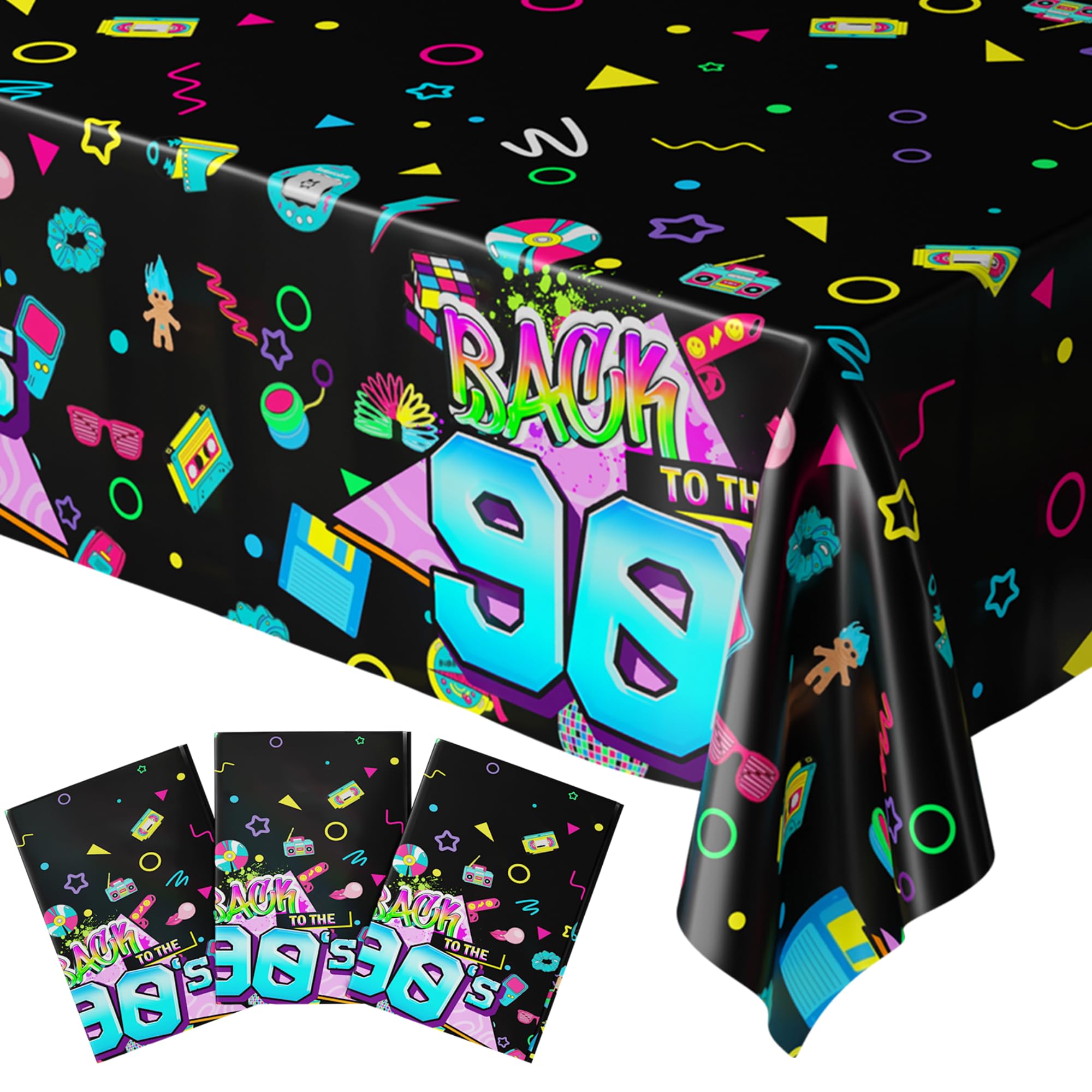 Blue Orchards 90s Party Table Covers (Pack of 3) - 54"x108" XL - 90s Theme Tablecloths, Decorations & Backdrop for Adults, 1990s Birthday Party Decor