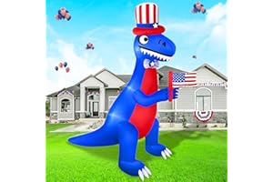 TURNMEON 12 Ft by 8 Ft 4th of July Inflatable Dinosaur Holding American Flag with Build-in LED Lights Outdoor Decorations Blow Up Patriotic Independence Day Decor for Party Holiday Garden Lawn Yard