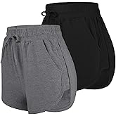 URATOT 2 Pack Cotton Yoga Short Women Summer Running Gym Sports Waistband Shorts with Pockets