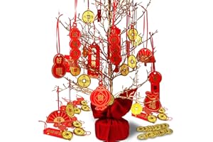 PETOX 2024 Chinese New Year Decoration Tree, Spring Festival Decorations, 46 Pcs Lunar New Year Decor Inludes Congratulation Card, Gold Coin, Red Lanterns, Paper Fans, Lucky Bags, Chinese Knots, Red Envelop
