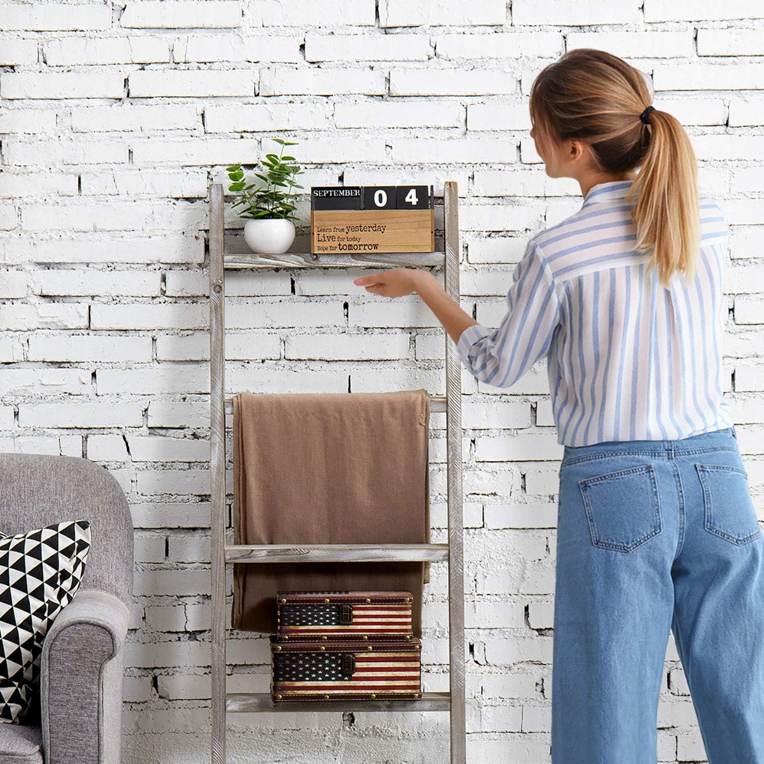 MyGift Wall-Leaning Rustic Gray with White Finish Wood Ladder-Style Blanket Rack: Home & Kitchen