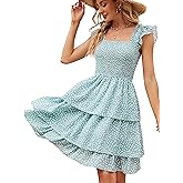 YATHON Smocked Ruffle Short Mini Dress for Women Square Neck Flowy Sleeveless Tiered Party Wedding Guest Dresses