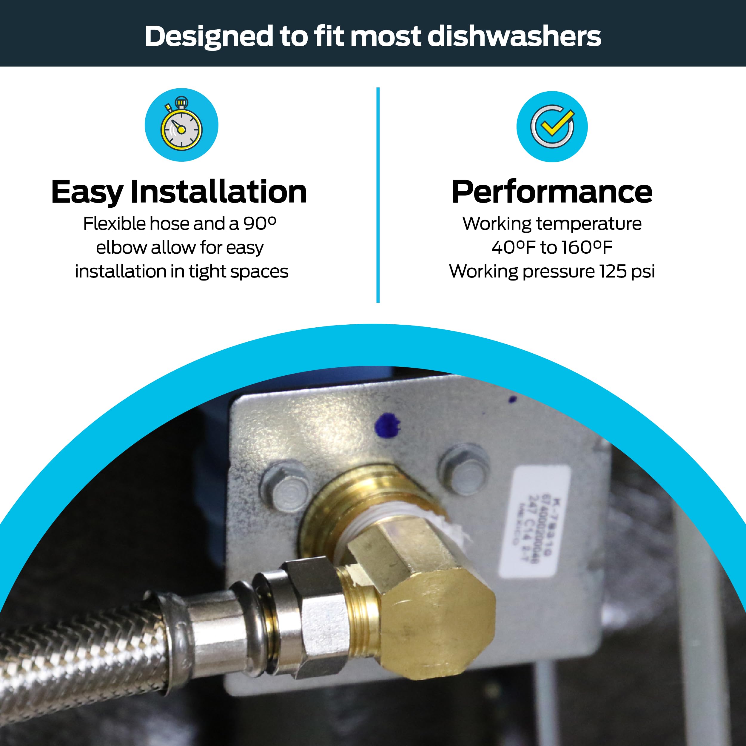 Eastman Flood Defender Dishwasher Installation Kit, 6 Foot Supply Line with Adapters, Auto Shutoff Valve, 3/8 Inch MIP x 3/4 Inch FHT Elbows, 98556