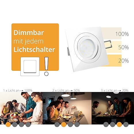 QF-2 Deckeneinbaustrahler flach eckig weiß LED Einbaustrahler dimmbar ohne dimmer mit fourSTEP Modul 5W neutralweiß 230V