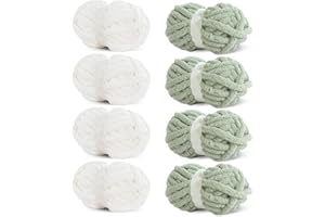 HOMBYS 8 Pack Assorted Chunky Yarn for Crocheting,Super Bulky Large Soft Fluffy Yarn,Plush Fuzzy Yarn,Thick Chenille Yarn for Hand Knitting/Arm Knitting,4 White & 4 Sage Green(27yds,8 oz Each Skein)