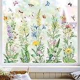 Tanlaby Wild Flower Window Clings Floral Grass Wildflower Window Stickers | Double Sided Anti-Collision Static Spring Summer Butterfly Green Plant Window Decals for Home Glass Doors Decor