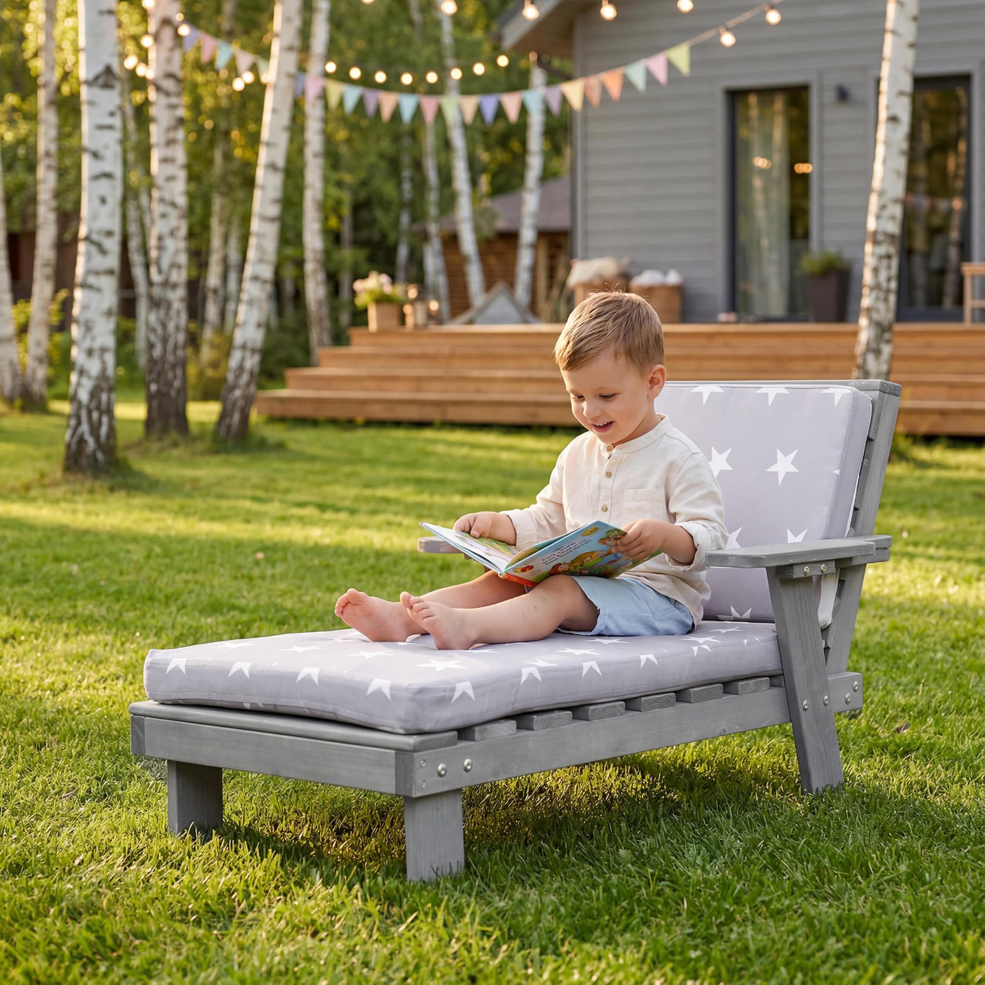 roba Gartenliege für Kinder - Sonnenliege aus Holz mit Getränkehalter - Geeignet für Kleinkinder ab 18 Monaten - Inklusive Polster im Little Stars Design - Wetterfest - Grau 5