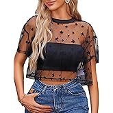 Avidlove Women's Mesh Tops See Through Shirts Short Sleeve Printed Crop Top Sheer Blouse Clubwear S-XXL