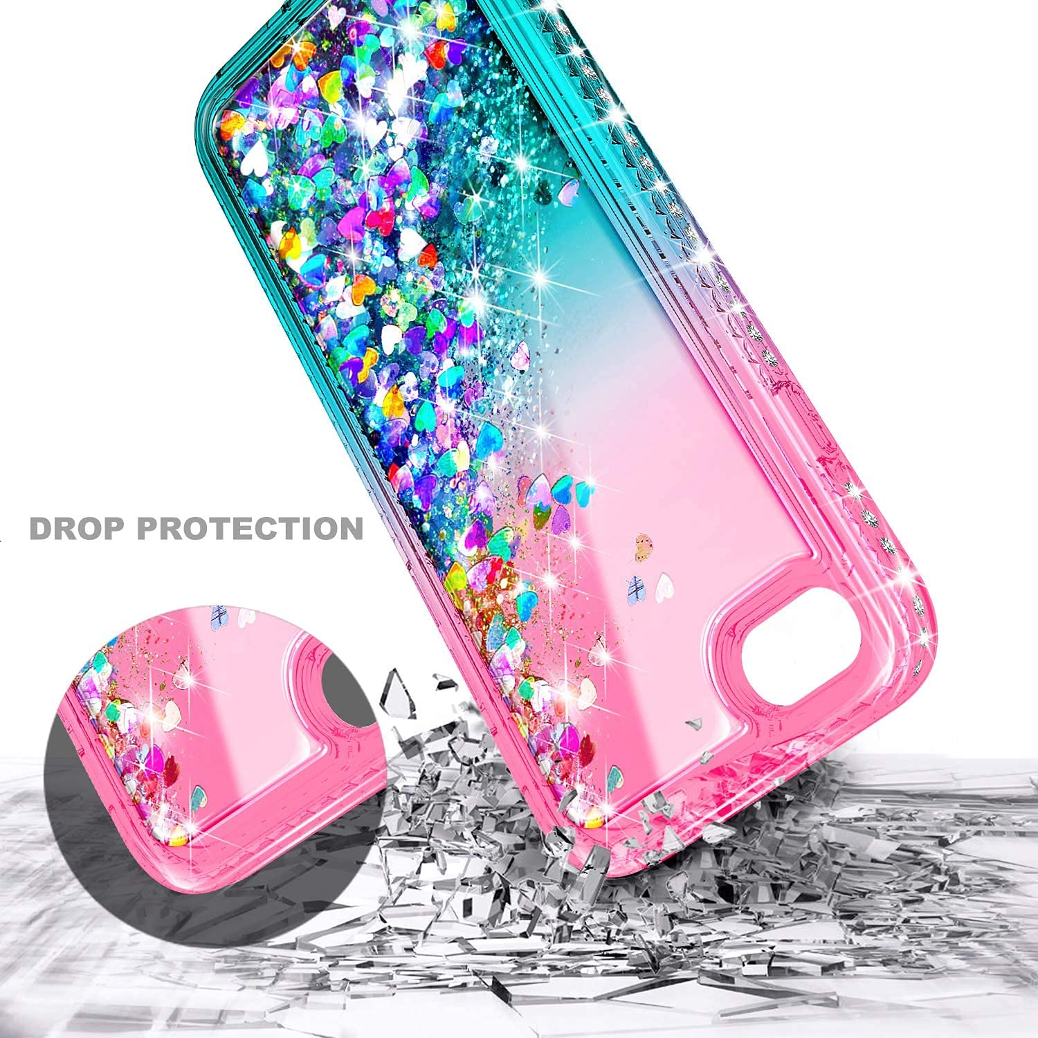 NGB Designed for iPhone SE (3rd 2022 & 2nd Gen 2020)/iPhone 8/7/6/6S Case, Pink/Aqua | Glitter Liquid Cute Cover for Women Girls Kids | with Tempered Glass Screen Protector & Ring Holder-Wrist Strap