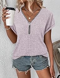 Koscacy Womens Short Sleeve Tops V Neck Zip up