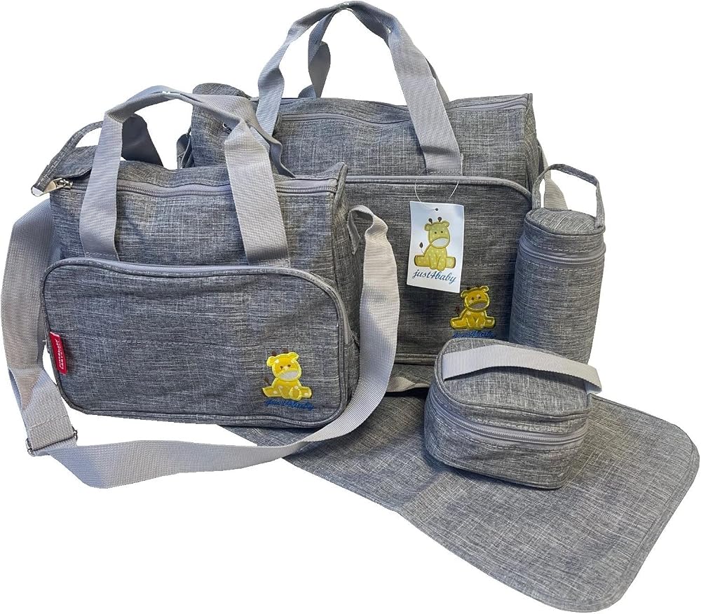 just4baby 5pcs Large Grey Baby Diaper Changing Bag Set Mat Bottle Holder Pouch