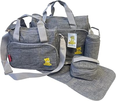 just4baby 5pcs Large Grey Baby Diaper Changing Bag Set Mat Bottle Holder Pouch