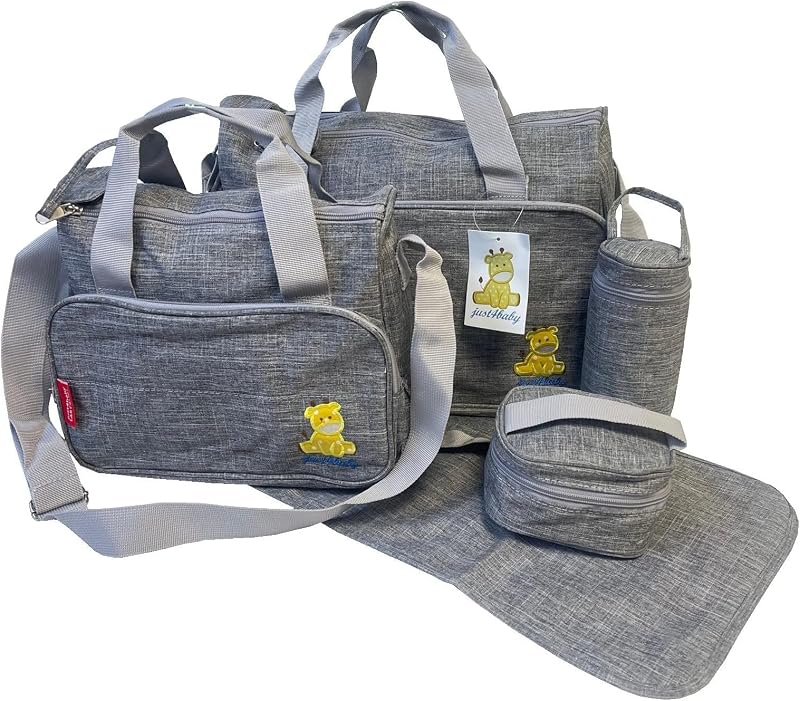 just4baby 5pcs Large Grey Baby Diaper Changing Bag Set Mat Bottle Holder Pouch