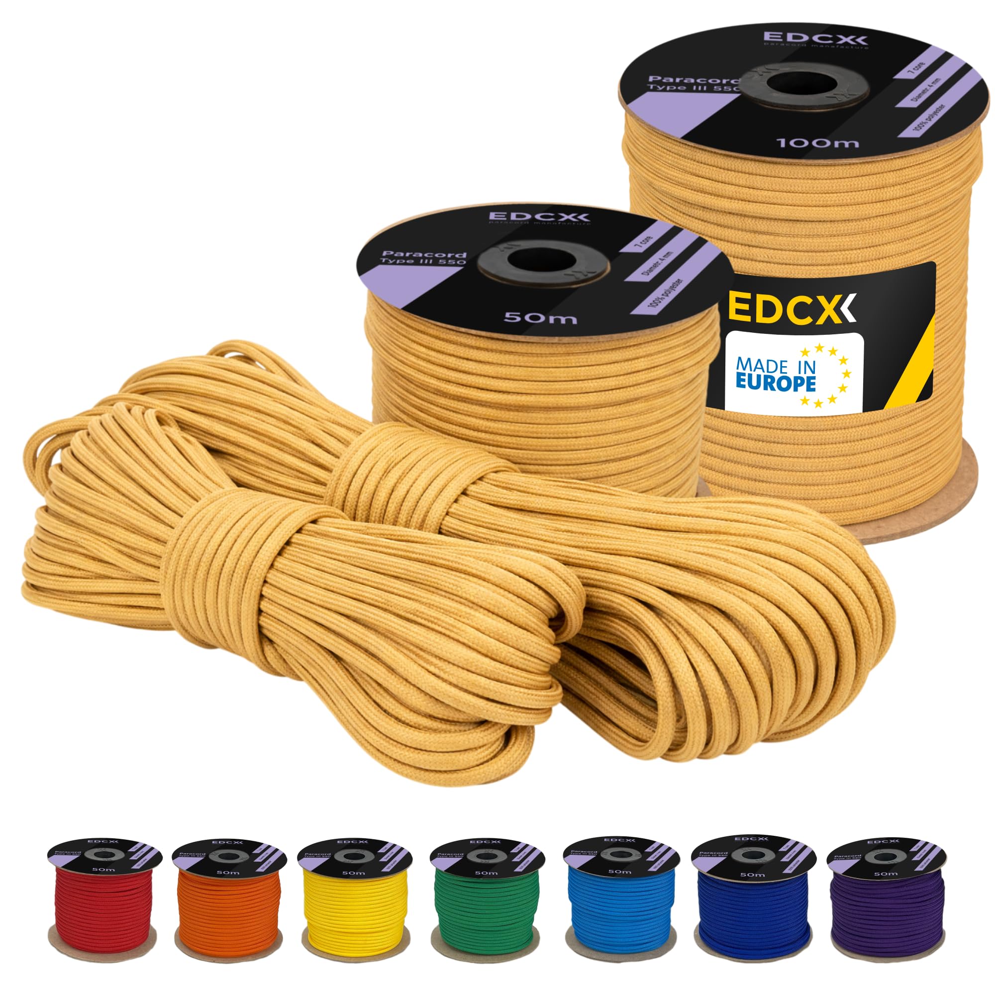 EDCX 4 mm Polyester Paracord 550 (15, 30 and 50 m) – 4 mm Type III, Tear-Resistant Parachute Cord for Survival Made of 100% Polyester with 7 Wires | Solid Colours (Caramel, 50 m)
