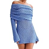 Voghtic Women's Sexy Off Shoulder Knit Crochet Mesh Mini Bodycon Dress Ruched Elegant Sweater Cocktail Party Dresses