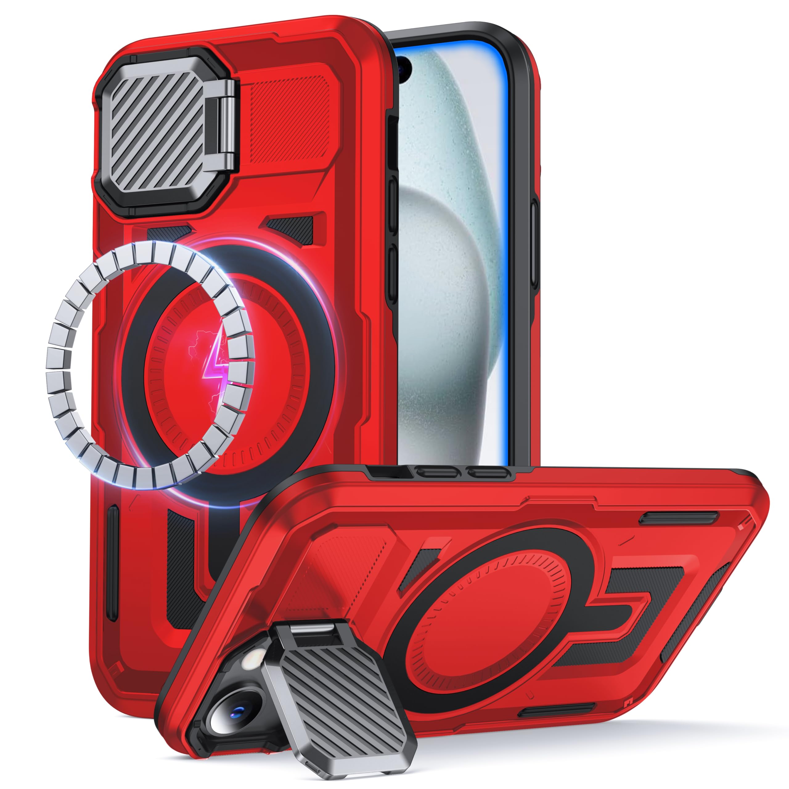 Photo 1 of FNDMIL for iPhone 14 Plus Case/iPhone 15 Plus Case Compatible with MagSafe[Built-in Camera Cover Stand][Military-Grade Shockproof][Dual Layer Protection] Heavy Duty Outdoor Rugged Bumper,Red