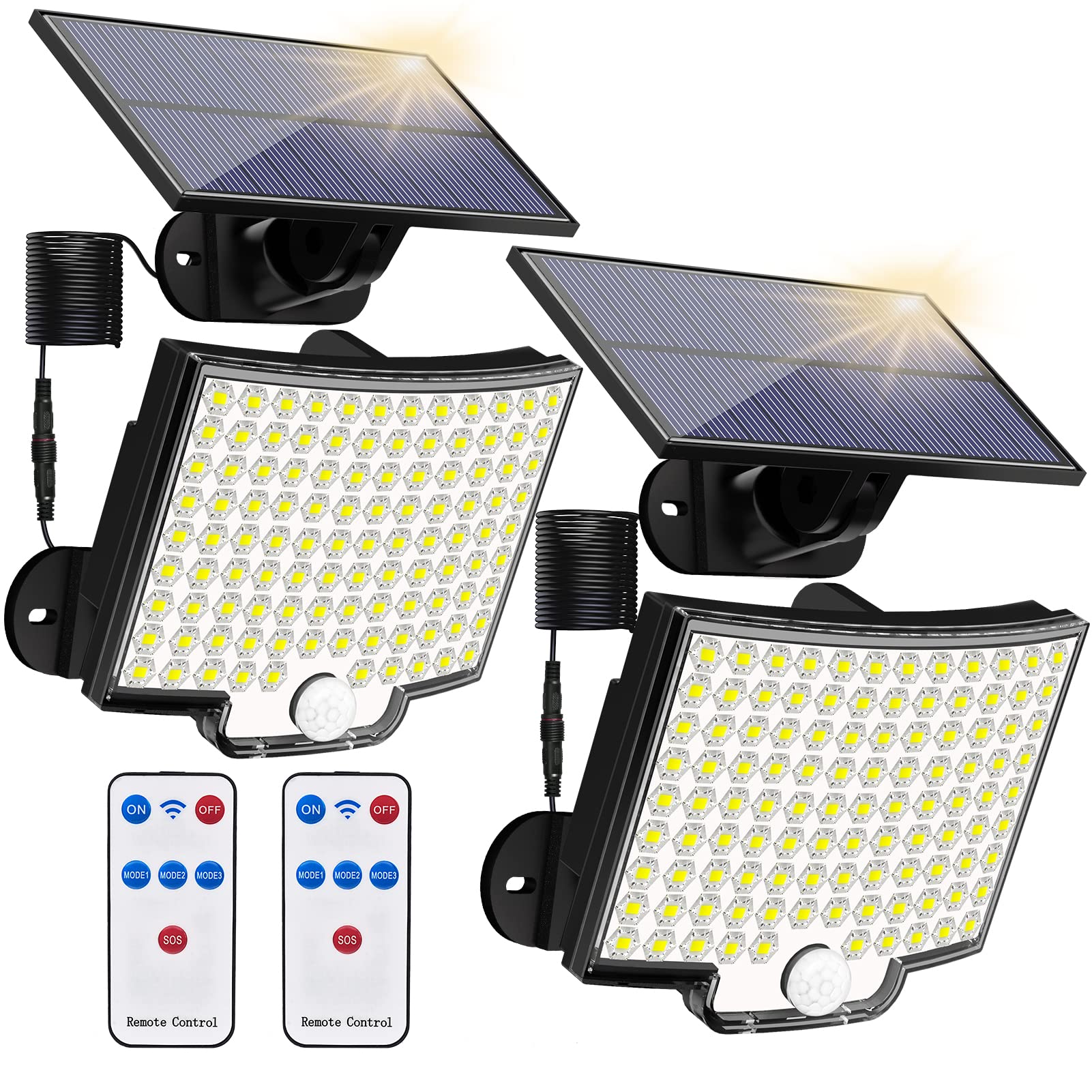 Photo 1 of Solar Lights Outdoor, 106 LED 3000LM Solar Powered Motion Sensor Flood Lights with Remote, Dusk to Dawn Led Solar Security Wall Lights with 16.5Ft Cable IP65 Waterproof for Outside, Garage, 2 Pack