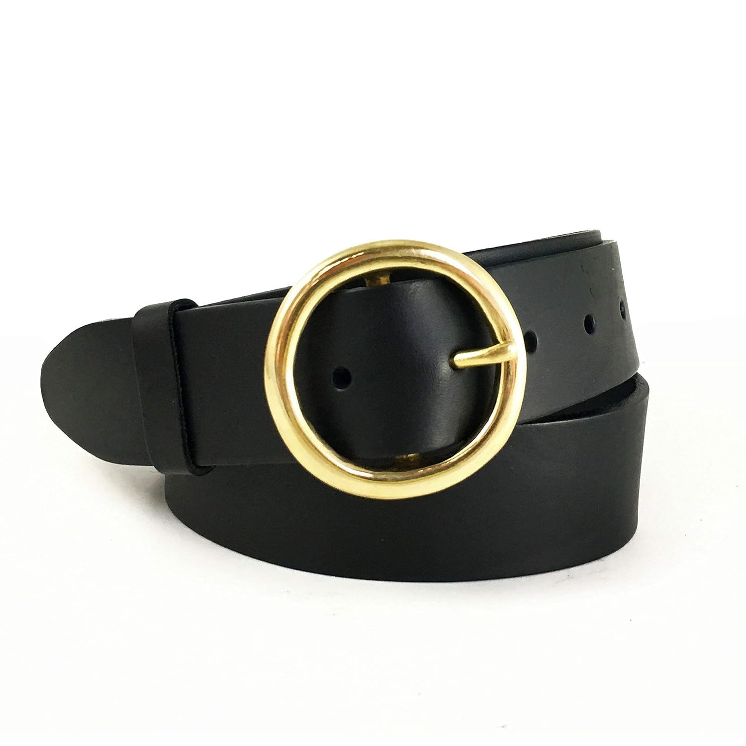 Gold Circle Leather Belt in Black 1" 1/2 ca 4cm Full Grain Italian