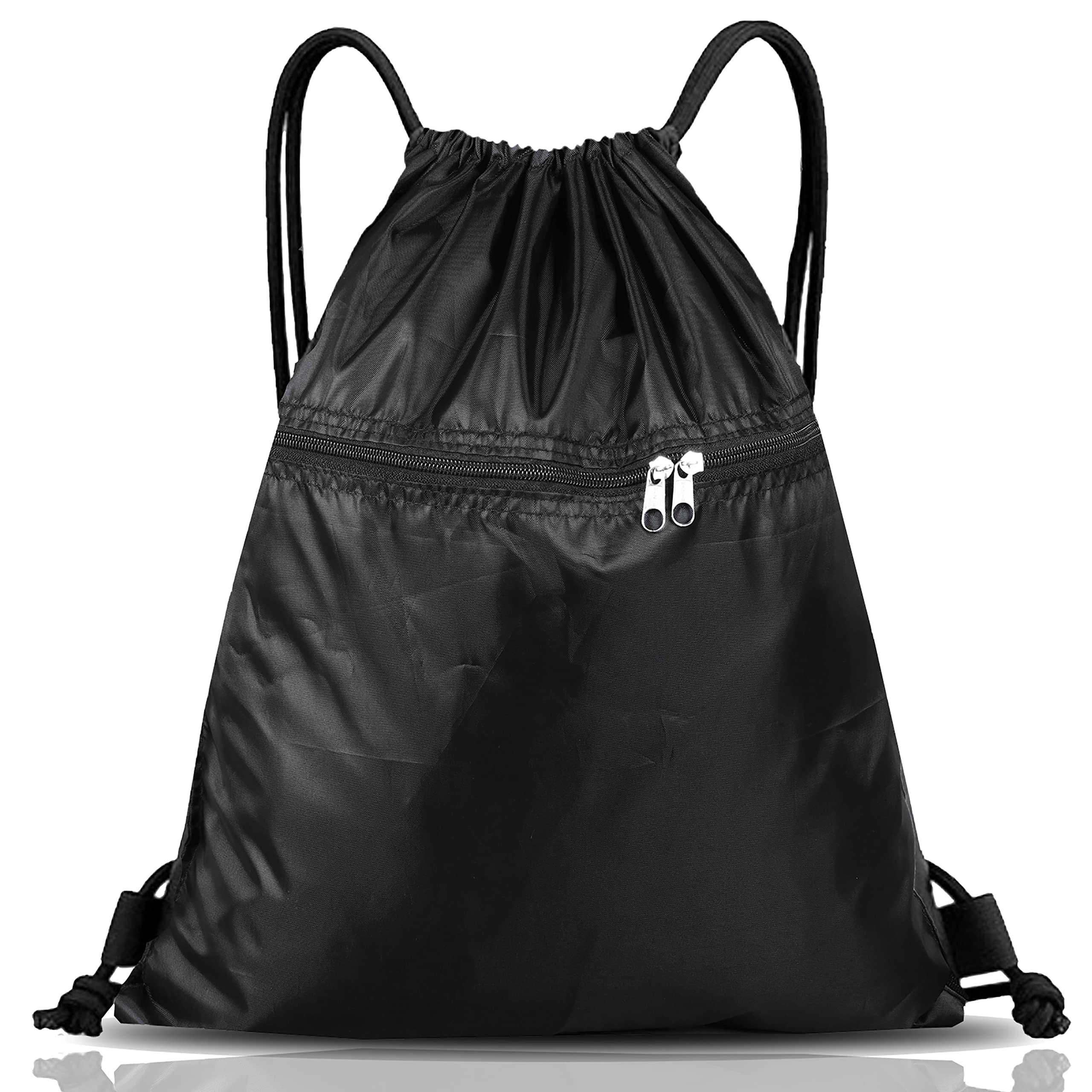 SAWANS Drawstring Bag String Gym Sack Drawstring Sports Bag Swim Men Women Sack Outside Pocket Zipper PE Backpack Beach School Holidays Swimming Travel Boy Girl Waterproof (Black)