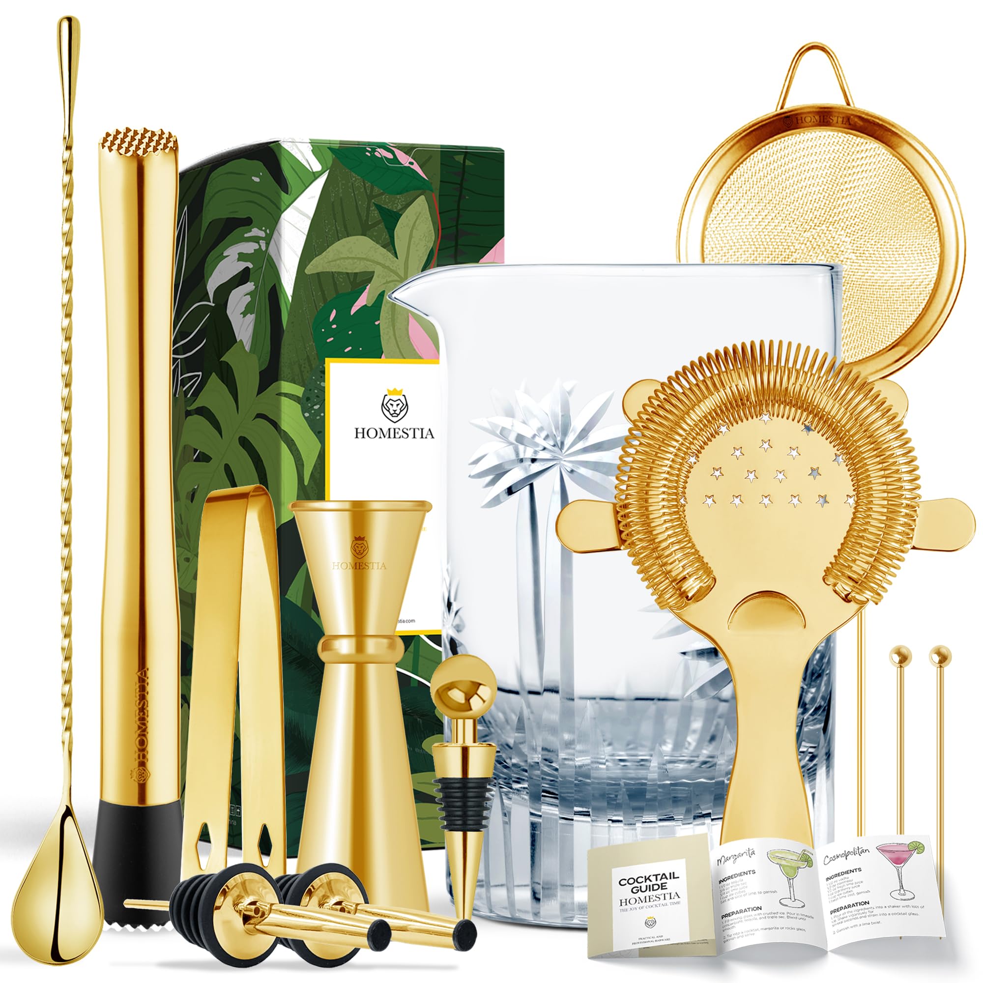 Homestia Cocktail Mixing Glass Set - Mixology Bartender Kit with Strainer, Bar Spoon, Cocktail Mixing Glass, Old Fashioned Kit, Jigger, Muddler, Pourers for Home Bars Use (12Pcs Gold)