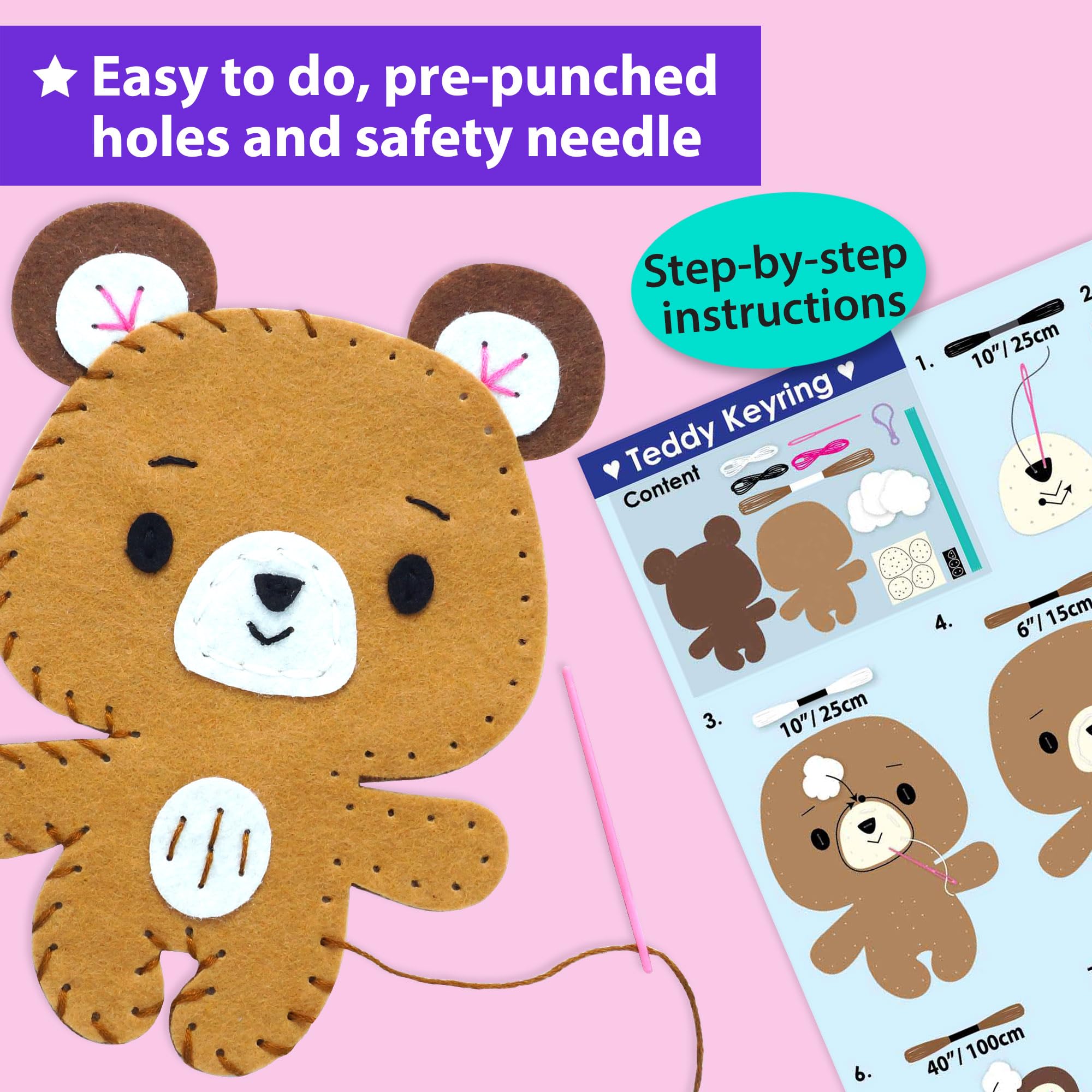 KRAFUN Unicorn Sewing Keyring Kit for Kids Age 7 8 9 10 11 12 Learn Art & Craft, Includes 6 Stuffed Animal Bear, Dog, Rabbit, Raccoon, Owl Dolls, Instruction & Felt Materials