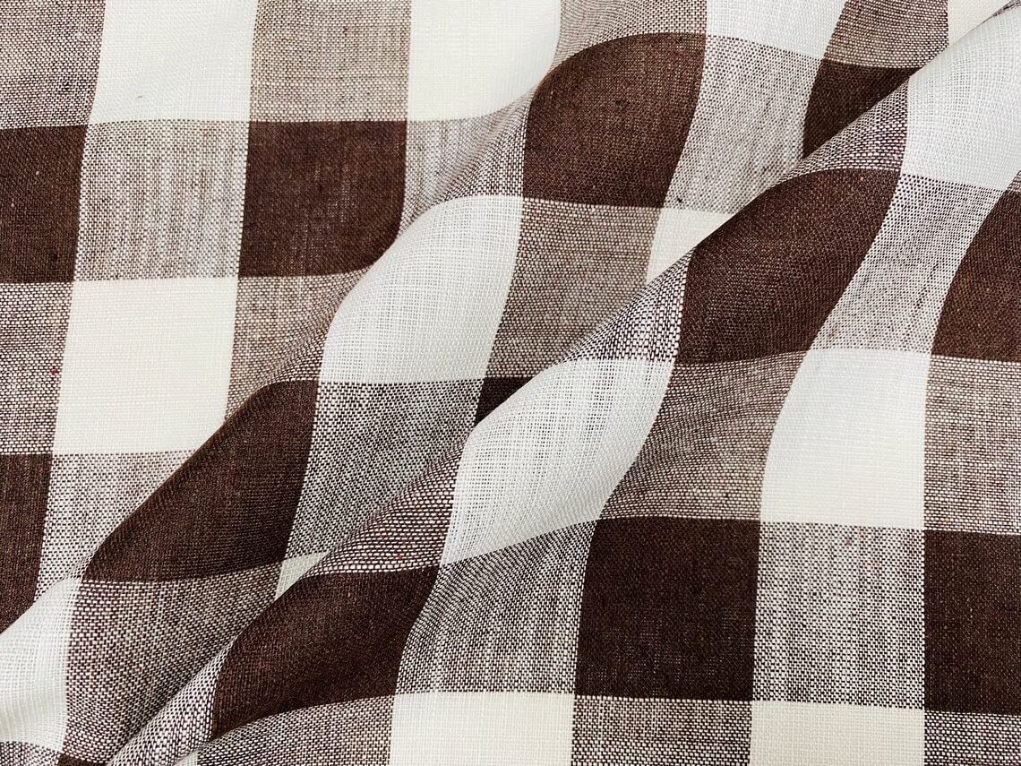 Gingham Linen Checked Fabric Check Material Buffalo Plaid - Dressmaking, Curtains, Home Furnishing - 140cm Wide (Dark Brown & White, 1 METRE)