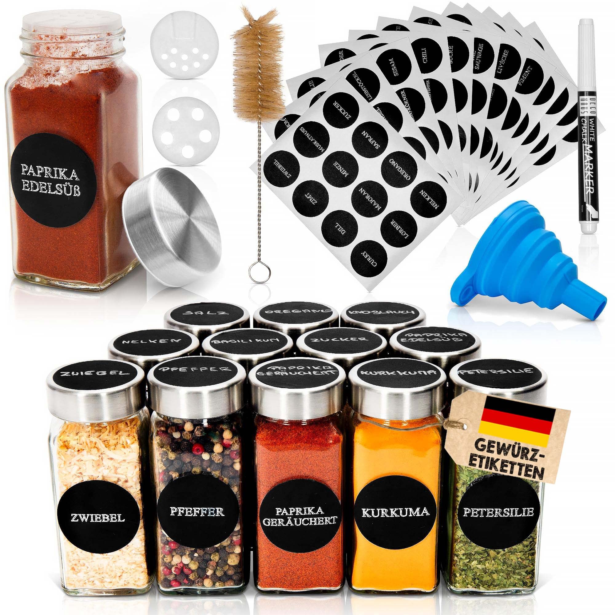 Deco Haus® Spice Jars Square Airtight Set of 12 - Modern Minimalist Spice Containers - 10.5 cm x 10.5 cm x 10.5 cm - Includes Labels & Shaker Insert - Spice Storage