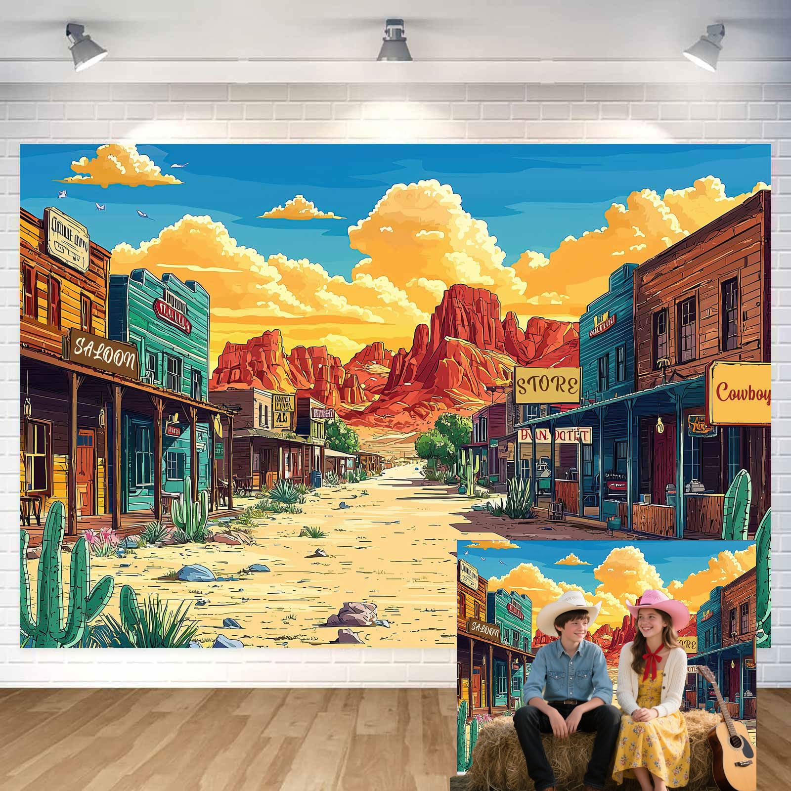 Photo 1 of 10x8ft Western Cowboy Backdrop Western Party Decorations Wild West Vintage Town House Photography Background Cowboy Desert Mountain Theme Party Decorations Banner Photo Booth