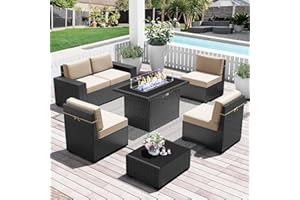 LayinSun 7 Pieces Outdoor Patio Furniture Set with 44" Fire Pit Table Rattan Sectional Sofa Conversation Sets