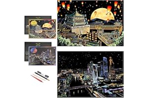 PAITUEND Scratch Rainbow Painting Art Paper,Scratch Art Crafts Set for Adults&Kids,Scratch Painting DIY Creative Gift with 4 Tools,16''x11''(Ancient China&Moscow CBD)