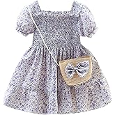 Balatale Toddler Girls Floral Dress Square Neck Puff Sleeve A-Line Smocked Dress with Bag Toddler Girls Summer Outfits