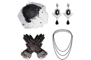 4Pcs Fascinators Hat and Gloves for Women Black Pillbox Hat with Veil Tea Party Accessories for Women