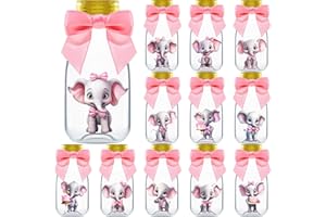 Ethisa Small 12 Pack Pink Elephant Party Favors - Candy Jars with Ribbons and Stickers - DIY Party Decoration Bottles for Baby Shower, Birthday, Gender Reveal, and Classroom - Girl Table Centerpiece
