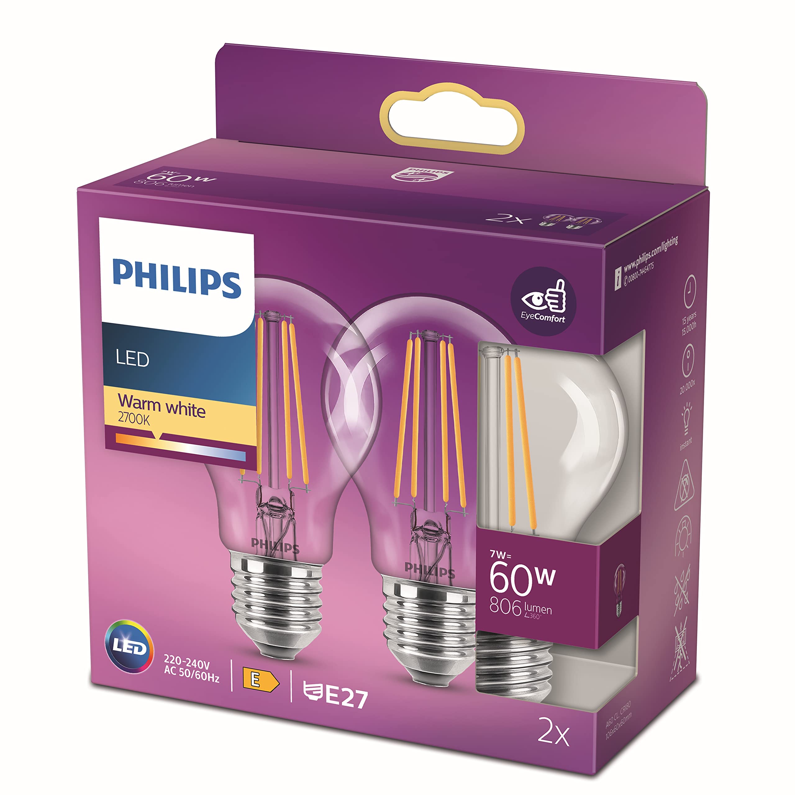 Philips LED Classic A60 Light Bulb Set of 2 [E27 Edison Screw] 7W = 60W Equivalent, Warm White (2700K), Non Dimmable