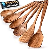 Zulay Kitchen 6-Piece Wooden Spoons for Cooking - Smooth Finish Teak Wooden Utensils for Cooking - Soft Comfort-Grip Wood Spo