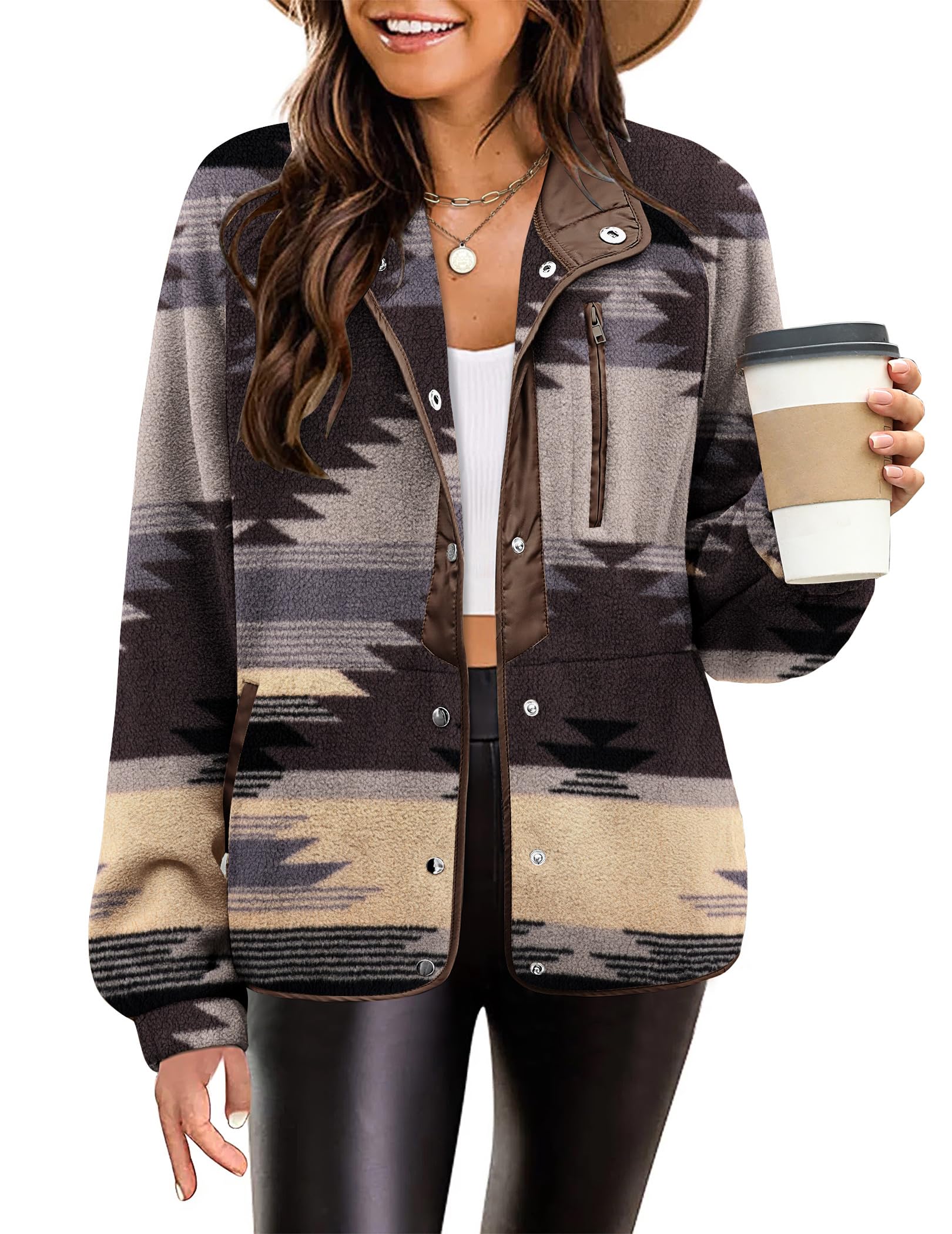 Photo 1 of Zeagoo Womens Fleece Jacket Snap Button Down Western Aztec Print Jackets Warm Coat with Pockets Fall Clothes