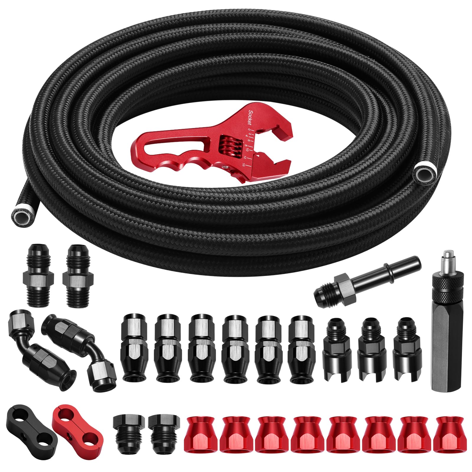 Photo 1 of BRIFITOR 6AN 25FT PTFE Fuel Line Kit, AN6 3/8" LS Swap EFI E85 Nylon Stainless Steel Braided Fuel Hose With 26PCS PTFE Fuel Hose End Fitting & AN Fitting Wrench