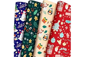 BlessedSeason Christmas Wrapping Paper 4 Different Pattern Designs, 6pcs Wrapping Paper Set,Snowman, Christmas Tree, Reindeer,Penguin. Neutral Wrapping Paper Set for Christmas, Holidays, New Year